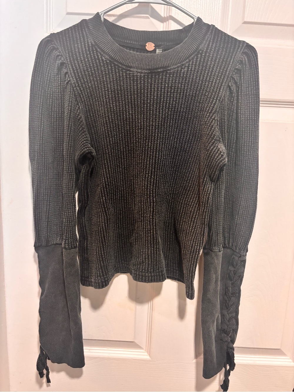 Free People One Black Ribbed Long-Sleeve Top with Braided Sleeve Detail